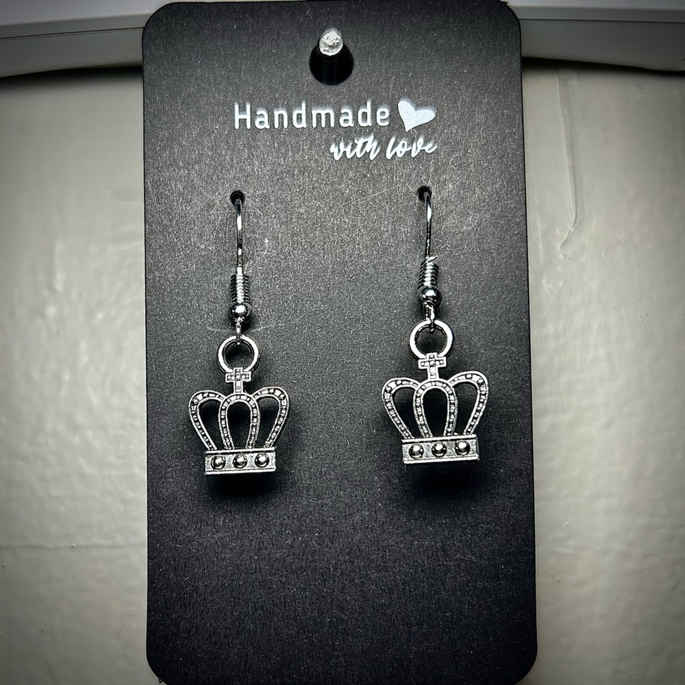 Handmade Silver Crown Dangle Earrings